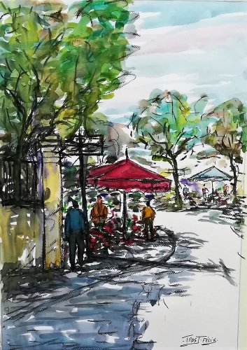 Marché aux fleurs ( Angers ) Aquarelle et Fusain  62 x 43