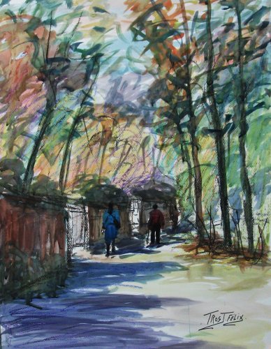 Promeneurs a Bouchemaine 65 x 50  ( Fusain Pastel Aquarelle )
