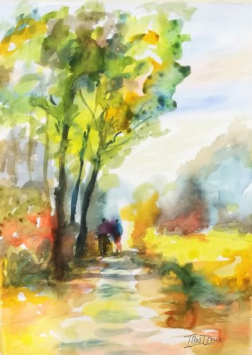 Promeneurs en Anjou Aquarelle 60 x 45