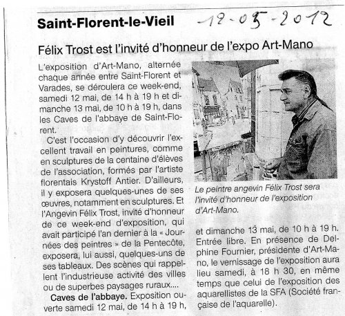 Article de presse invité d'honneur 2012 de l'expo Art-Mano Saint Florent le Vieil 